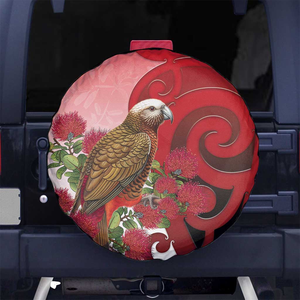 New Zealand Parrot Kaka Spare Tire Cover Maori Koru With Pohutukawa Flowers - Aussie Hoodie