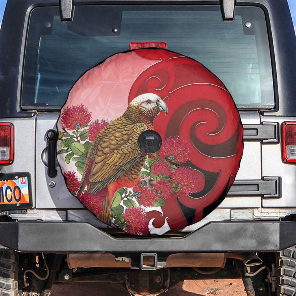 New Zealand Parrot Kaka Spare Tire Cover Maori Koru With Pohutukawa Flowers - Aussie Hoodie