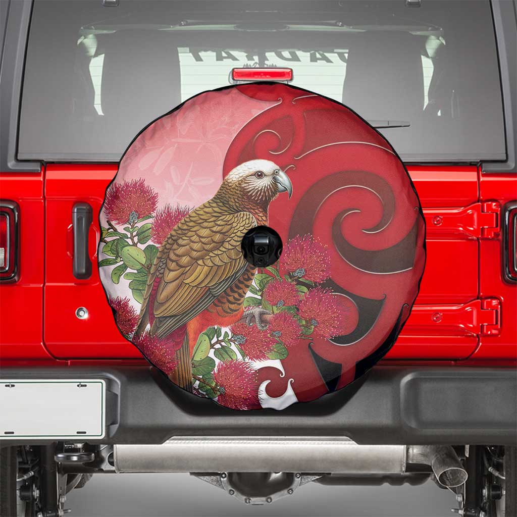 New Zealand Parrot Kaka Spare Tire Cover Maori Koru With Pohutukawa Flowers - Aussie Hoodie