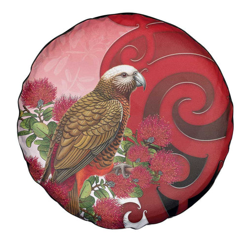 New Zealand Parrot Kaka Spare Tire Cover Maori Koru With Pohutukawa Flowers - Aussie Hoodie