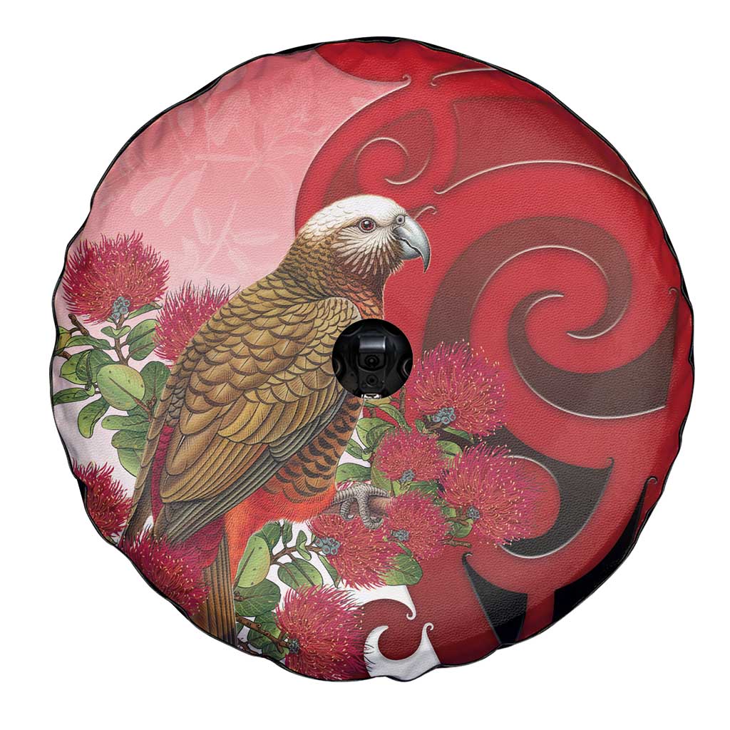 New Zealand Parrot Kaka Spare Tire Cover Maori Koru With Pohutukawa Flowers - Aussie Hoodie