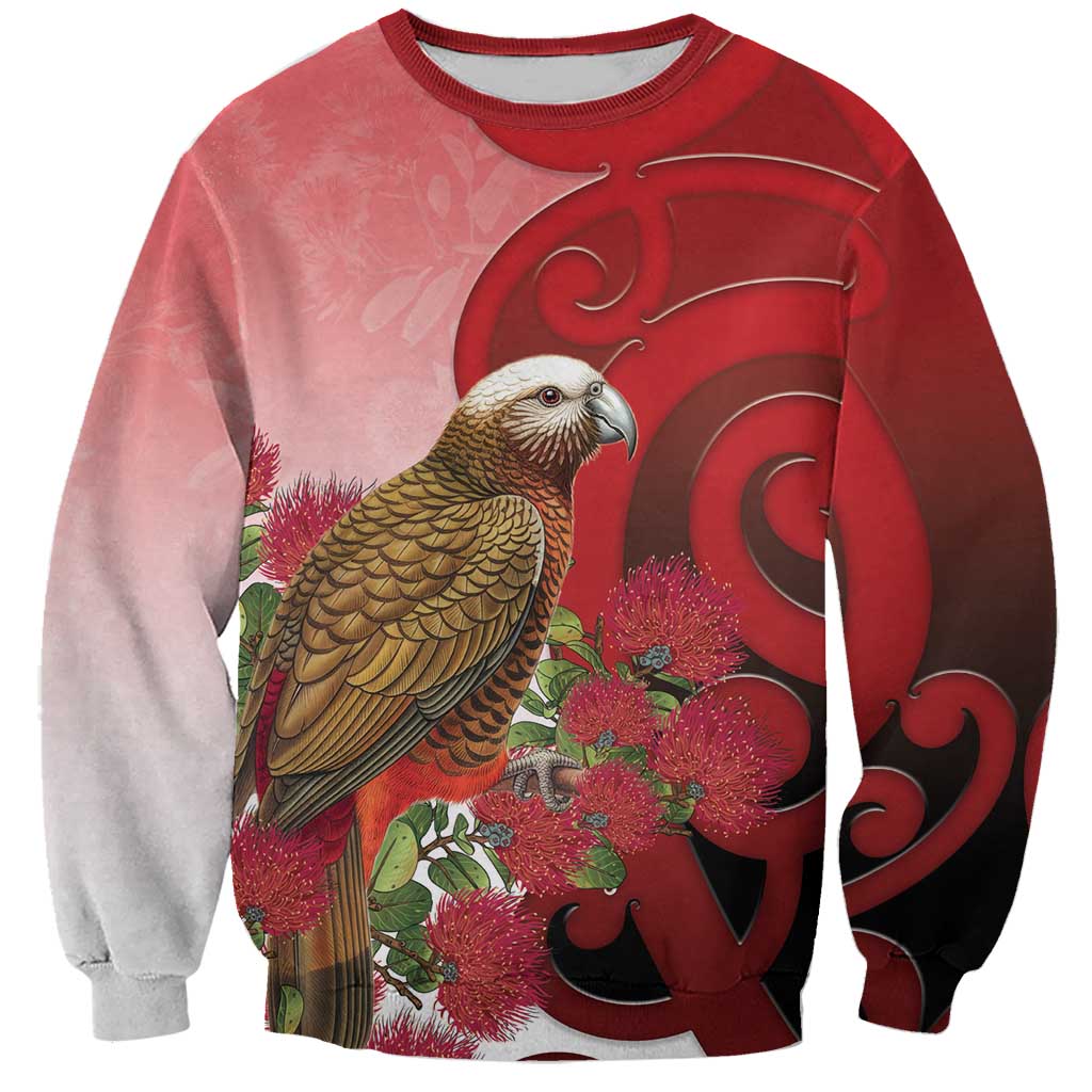 New Zealand Parrot Kaka Sweatshirt Maori Koru With Pohutukawa Flowers - Aussie Hoodie