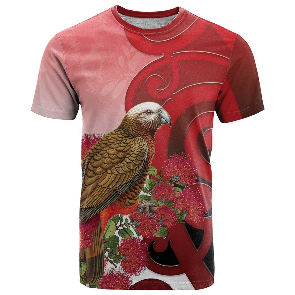 New Zealand Parrot Kaka T Shirt Maori Koru With Pohutukawa Flowers - Aussie Hoodie