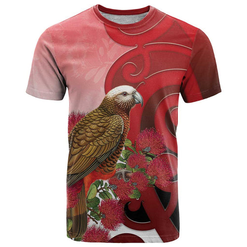 New Zealand Parrot Kaka T Shirt Maori Koru With Pohutukawa Flowers - Aussie Hoodie