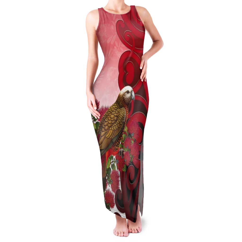 New Zealand Parrot Kaka Tank Maxi Dress Maori Koru With Pohutukawa Flowers - Aussie Hoodie