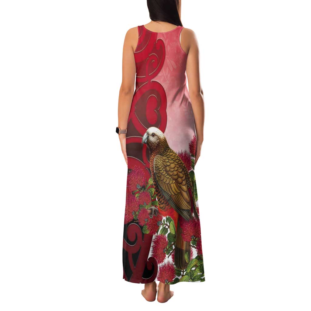 New Zealand Parrot Kaka Tank Maxi Dress Maori Koru With Pohutukawa Flowers - Aussie Hoodie