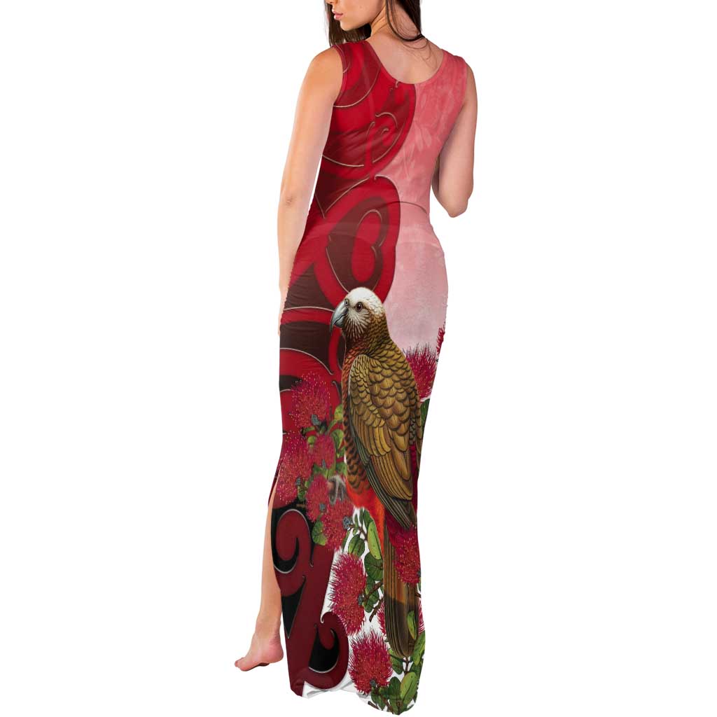 New Zealand Parrot Kaka Tank Maxi Dress Maori Koru With Pohutukawa Flowers - Aussie Hoodie