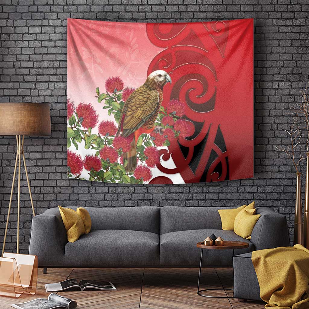 New Zealand Parrot Kaka Tapestry Maori Koru With Pohutukawa Flowers - Aussie Hoodie