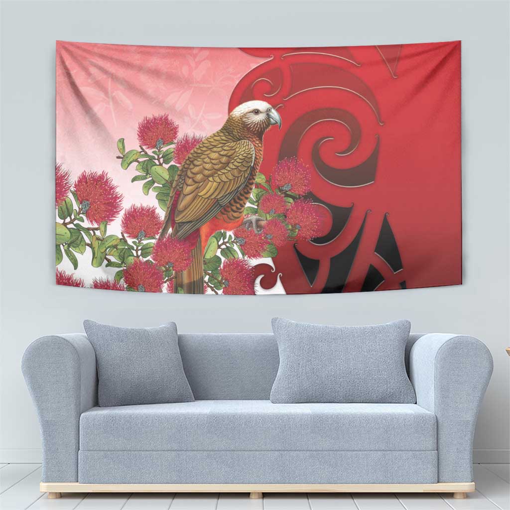 New Zealand Parrot Kaka Tapestry Maori Koru With Pohutukawa Flowers - Aussie Hoodie