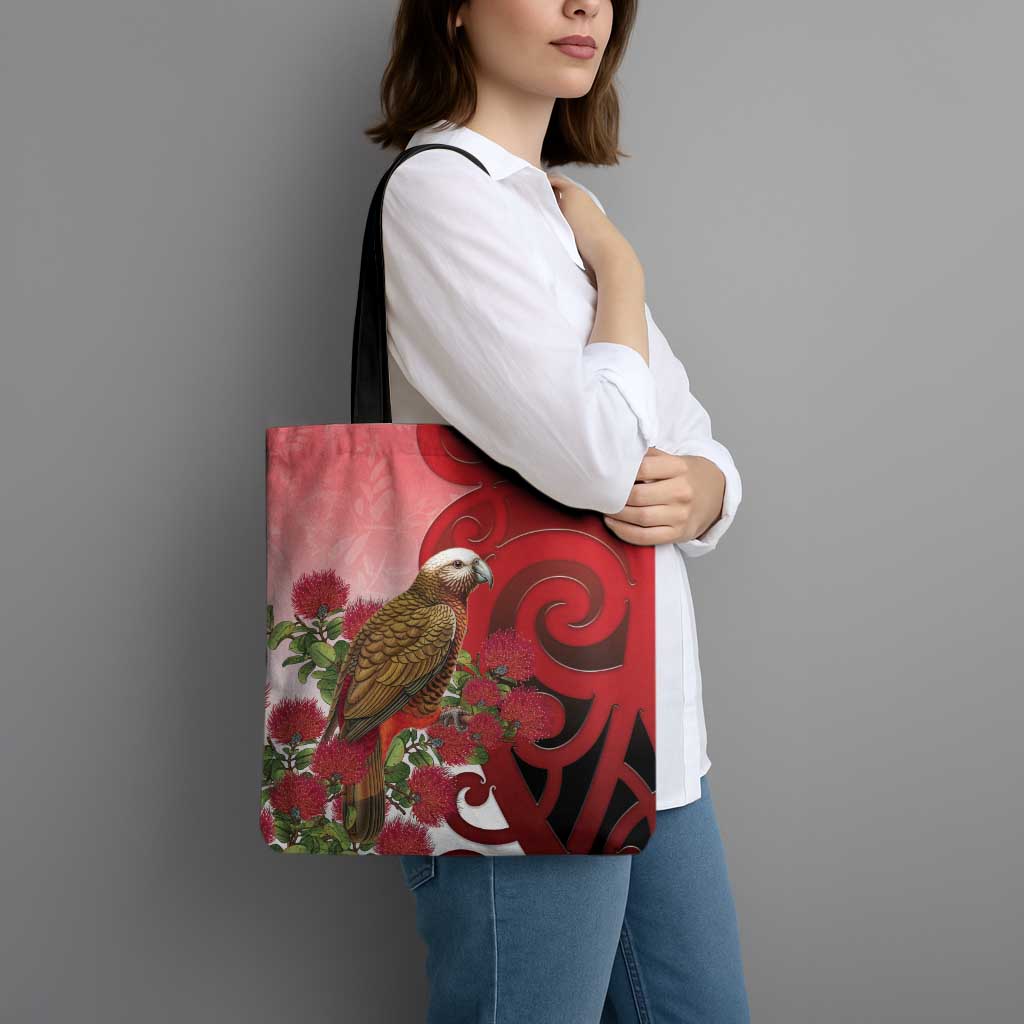 New Zealand Parrot Kaka Tote Bag Maori Koru With Pohutukawa Flowers - Aussie Hoodie