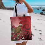 New Zealand Parrot Kaka Tote Bag Maori Koru With Pohutukawa Flowers - Aussie Hoodie
