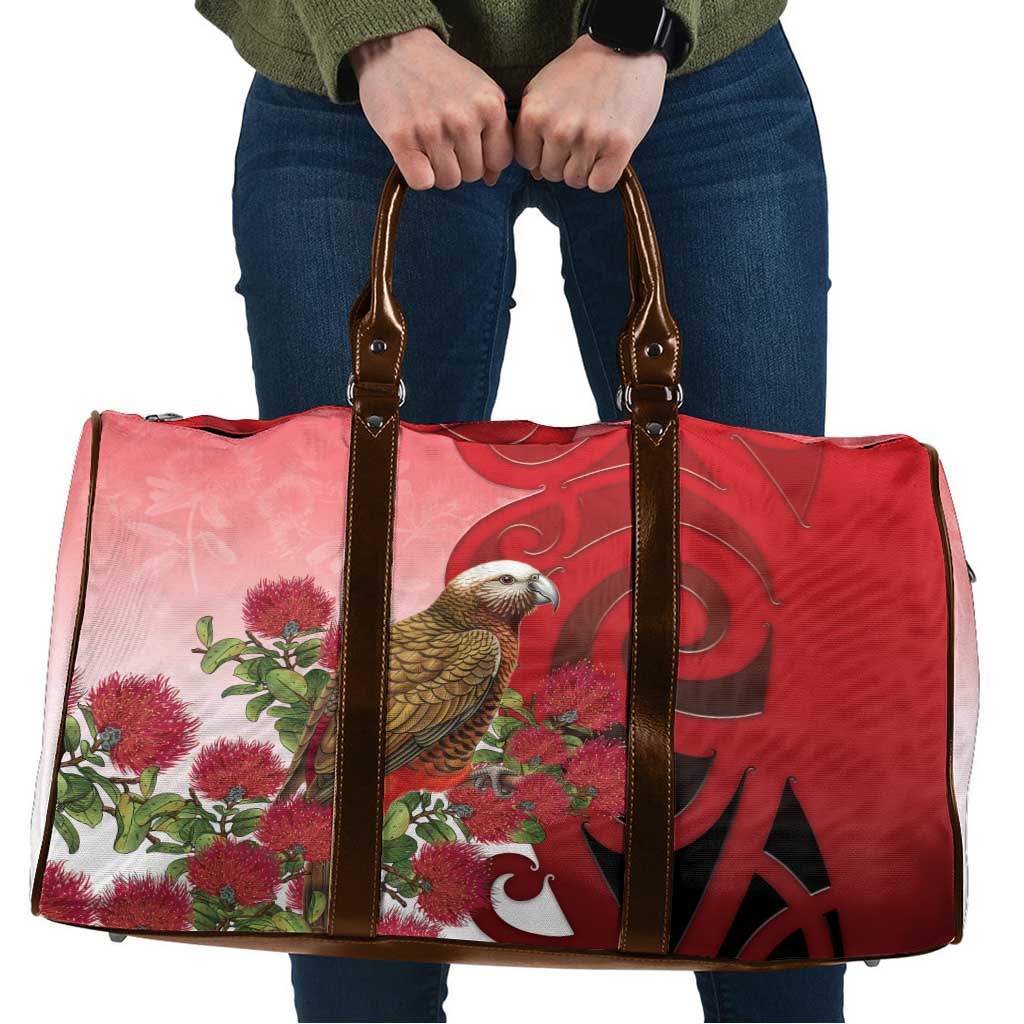 New Zealand Parrot Kaka Travel Bag Maori Koru With Pohutukawa Flowers - Aussie Hoodie