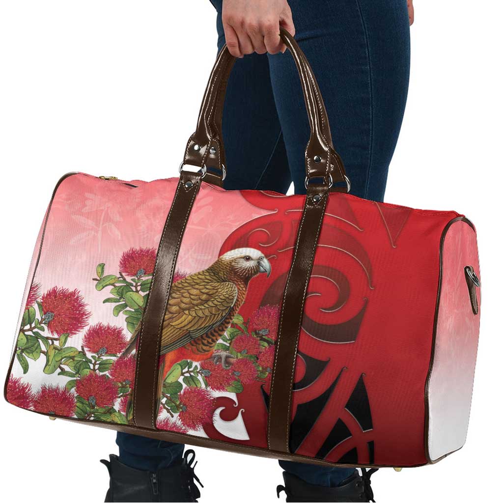 New Zealand Parrot Kaka Travel Bag Maori Koru With Pohutukawa Flowers - Aussie Hoodie
