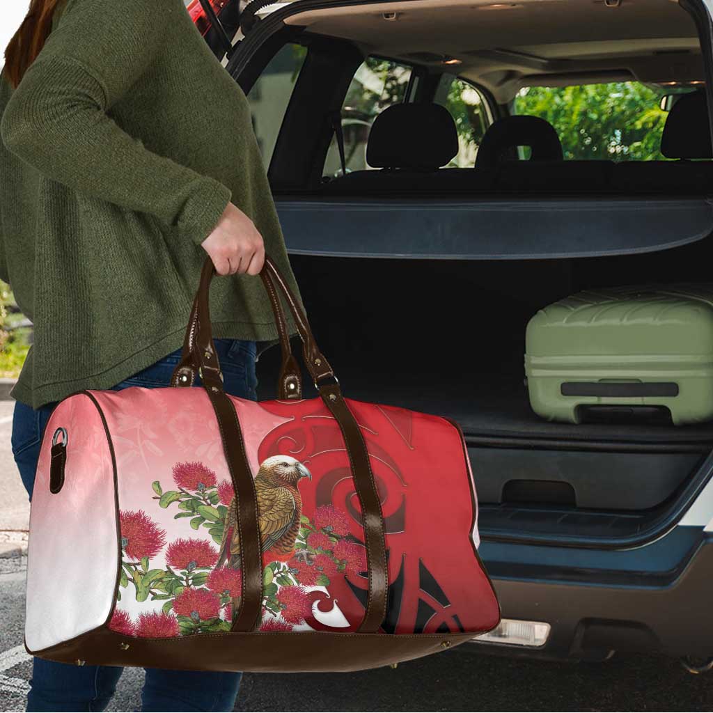 New Zealand Parrot Kaka Travel Bag Maori Koru With Pohutukawa Flowers - Aussie Hoodie
