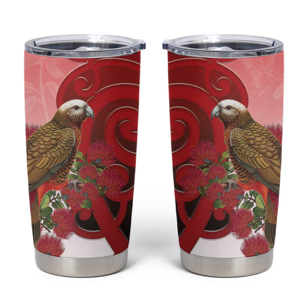New Zealand Parrot Kaka Tumbler Cup Maori Koru With Pohutukawa Flowers - Aussie Hoodie