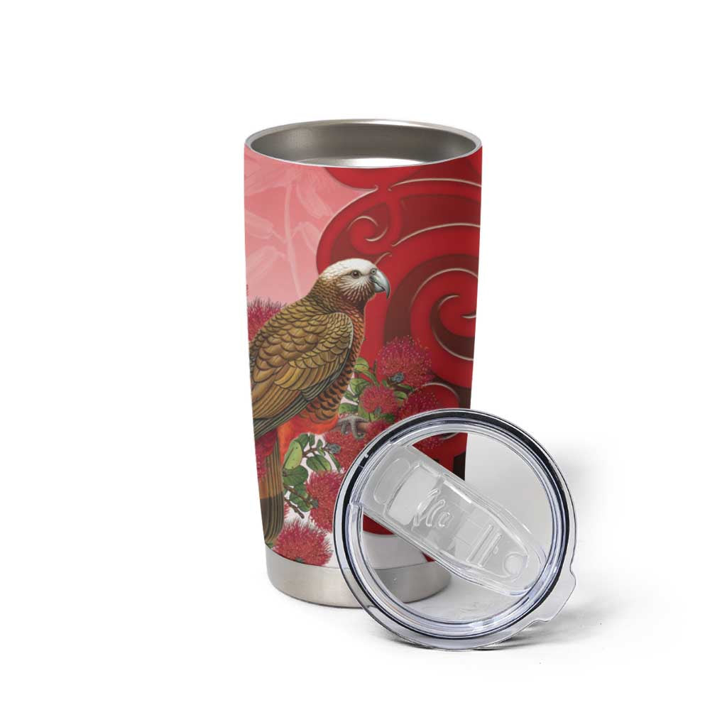 New Zealand Parrot Kaka Tumbler Cup Maori Koru With Pohutukawa Flowers - Aussie Hoodie