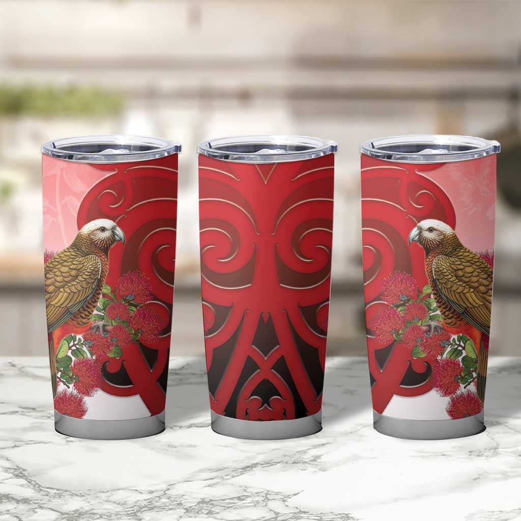 New Zealand Parrot Kaka Tumbler Cup Maori Koru With Pohutukawa Flowers - Aussie Hoodie