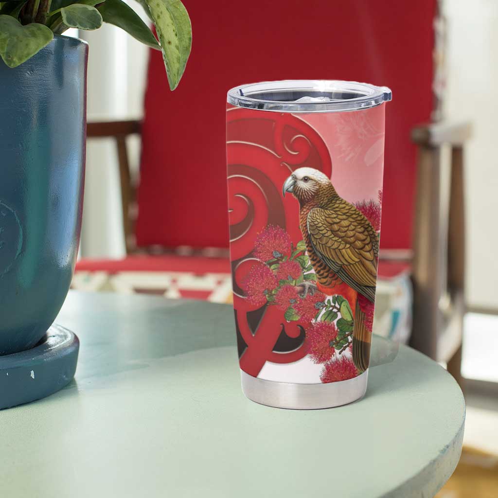 New Zealand Parrot Kaka Tumbler Cup Maori Koru With Pohutukawa Flowers - Aussie Hoodie