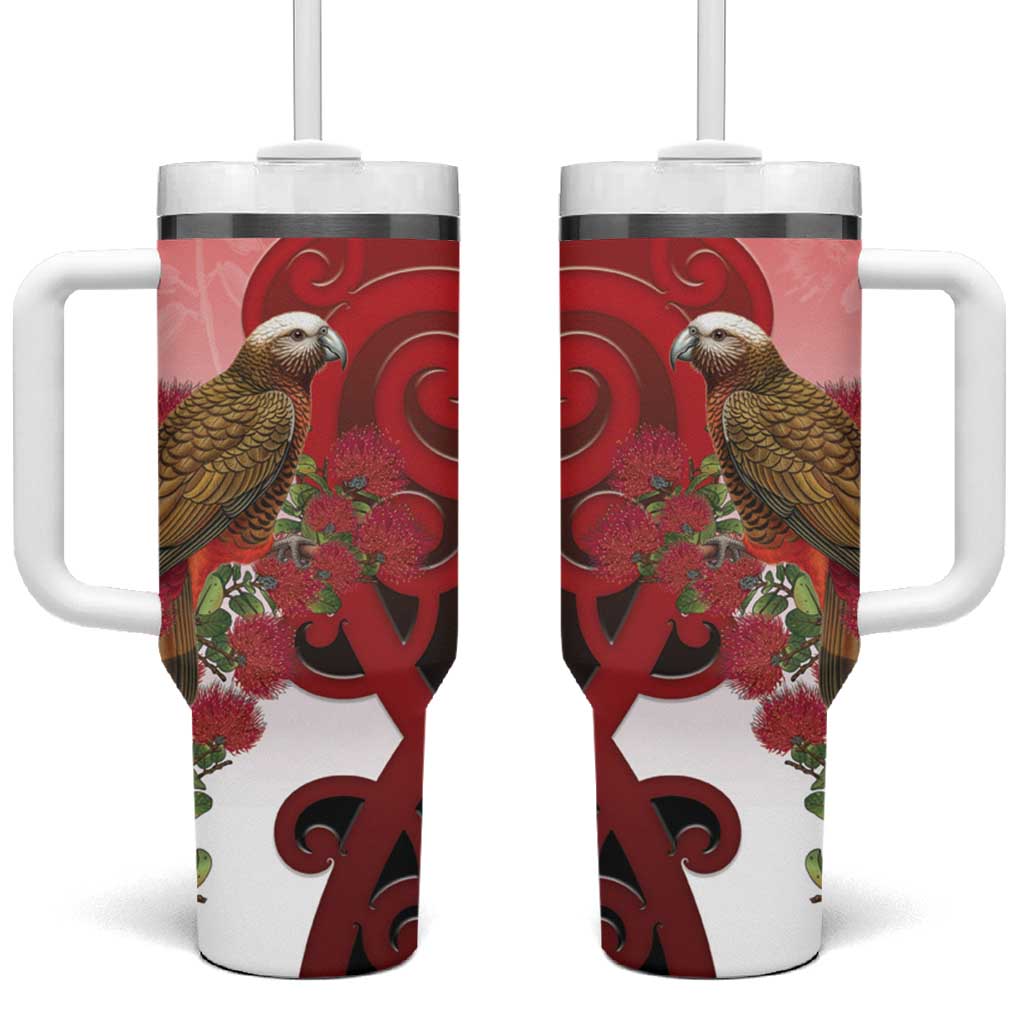 New Zealand Parrot Kaka Tumbler With Handle Maori Koru With Pohutukawa Flowers - Aussie Hoodie