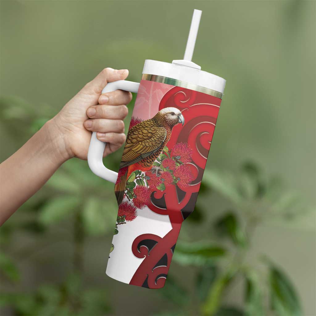 New Zealand Parrot Kaka Tumbler With Handle Maori Koru With Pohutukawa Flowers - Aussie Hoodie