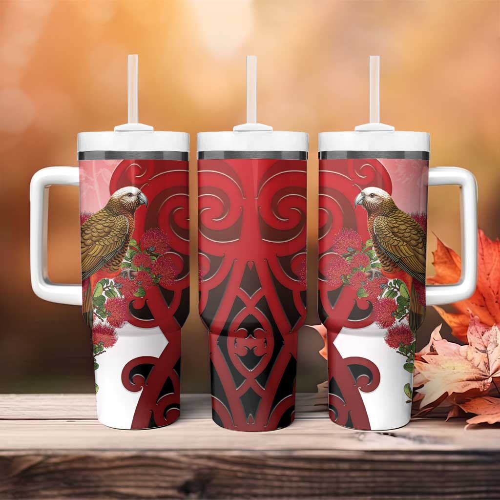 New Zealand Parrot Kaka Tumbler With Handle Maori Koru With Pohutukawa Flowers - Aussie Hoodie