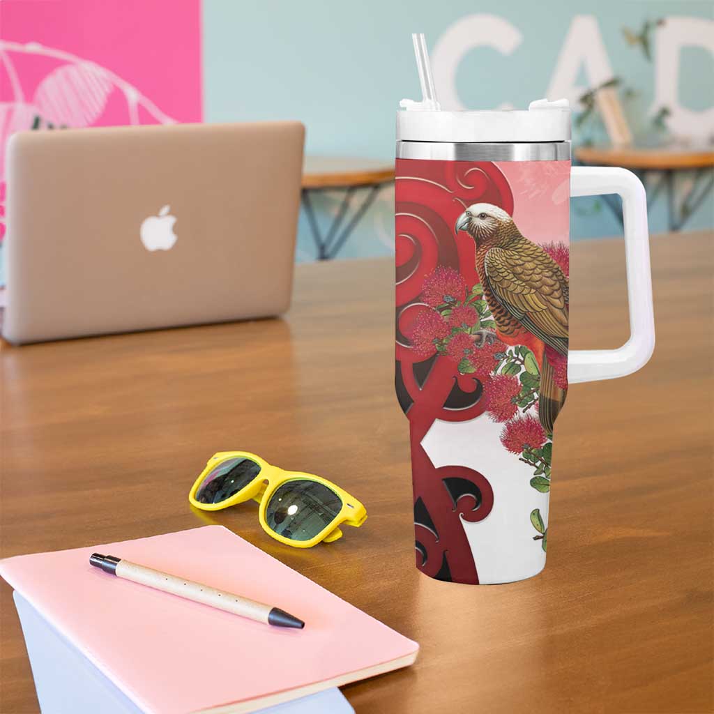 New Zealand Parrot Kaka Tumbler With Handle Maori Koru With Pohutukawa Flowers - Aussie Hoodie