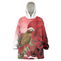 New Zealand Parrot Kaka Wearable Blanket Hoodie Maori Koru With Pohutukawa Flowers - Aussie Hoodie