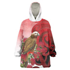 New Zealand Parrot Kaka Wearable Blanket Hoodie Maori Koru With Pohutukawa Flowers - Aussie Hoodie