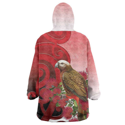 New Zealand Parrot Kaka Wearable Blanket Hoodie Maori Koru With Pohutukawa Flowers - Aussie Hoodie