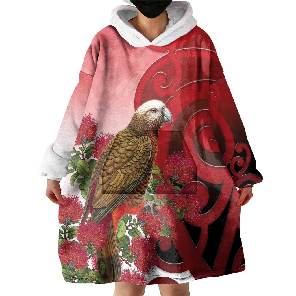 New Zealand Parrot Kaka Wearable Blanket Hoodie Maori Koru With Pohutukawa Flowers - Aussie Hoodie