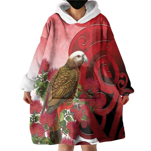New Zealand Parrot Kaka Wearable Blanket Hoodie Maori Koru With Pohutukawa Flowers - Aussie Hoodie
