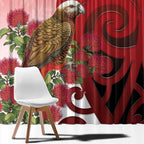 New Zealand Parrot Kaka Window Curtain Maori Koru With Pohutukawa Flowers - Aussie Hoodie