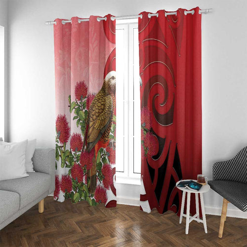 New Zealand Parrot Kaka Window Curtain Maori Koru With Pohutukawa Flowers - Aussie Hoodie