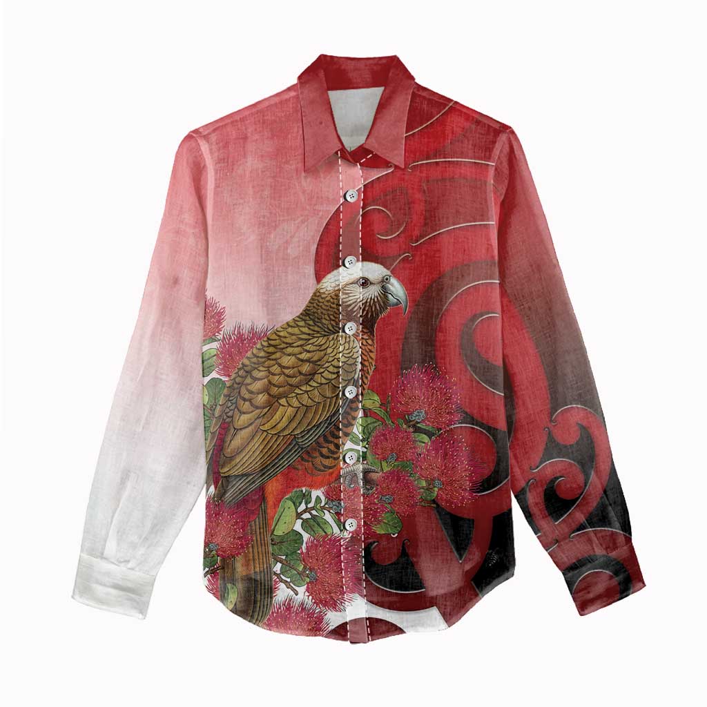 New Zealand Parrot Kaka Women Casual Shirt Maori Koru With Pohutukawa Flowers - Aussie Hoodie