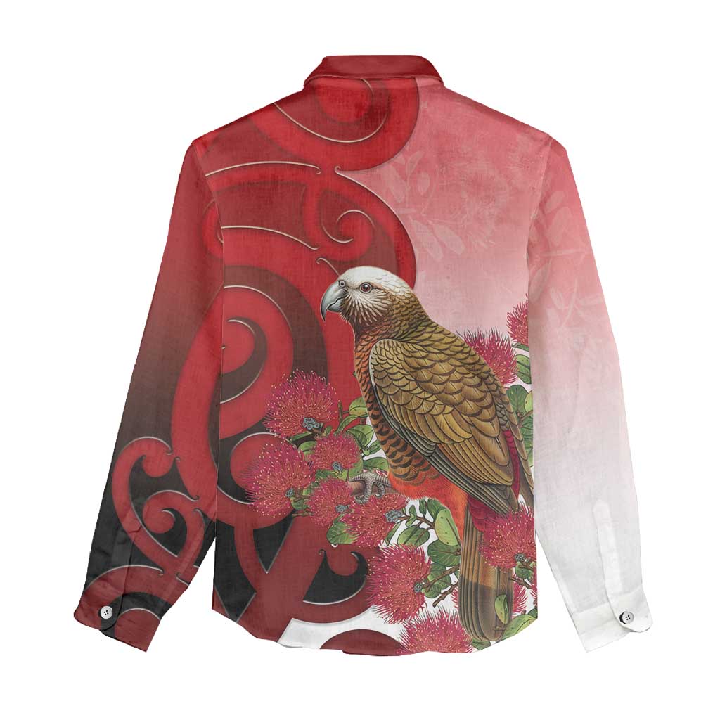 New Zealand Parrot Kaka Women Casual Shirt Maori Koru With Pohutukawa Flowers - Aussie Hoodie