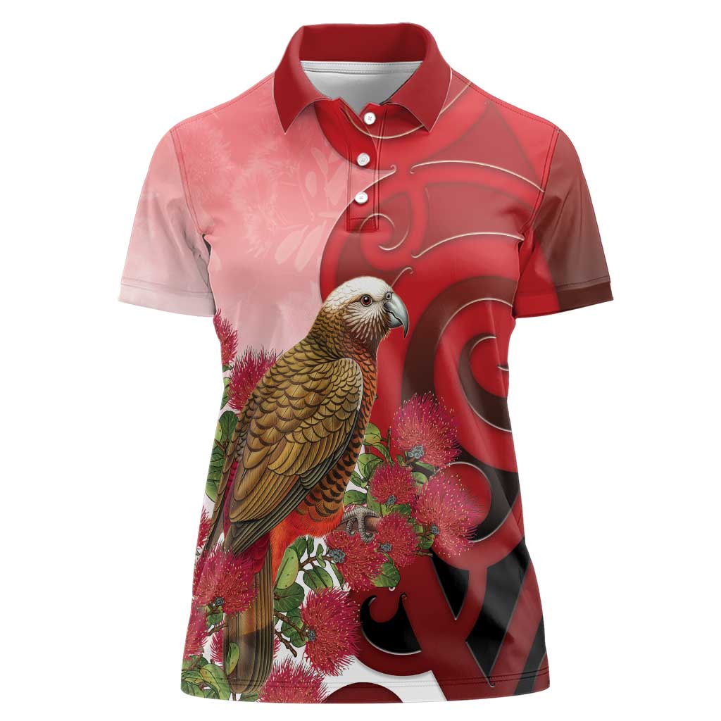 New Zealand Parrot Kaka Women Polo Shirt Maori Koru With Pohutukawa Flowers - Aussie Hoodie