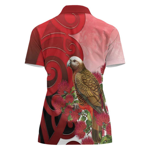 New Zealand Parrot Kaka Women Polo Shirt Maori Koru With Pohutukawa Flowers - Aussie Hoodie
