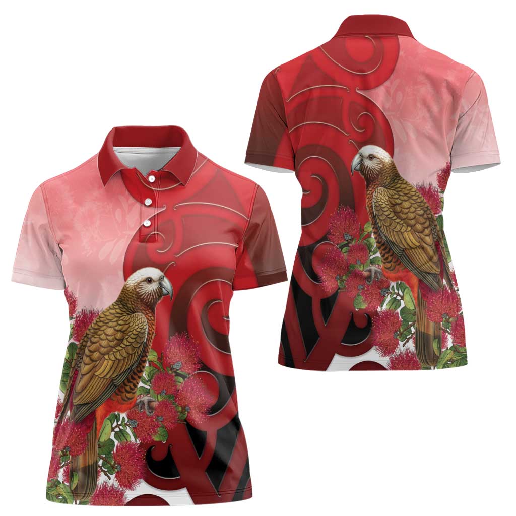 New Zealand Parrot Kaka Women Polo Shirt Maori Koru With Pohutukawa Flowers - Aussie Hoodie