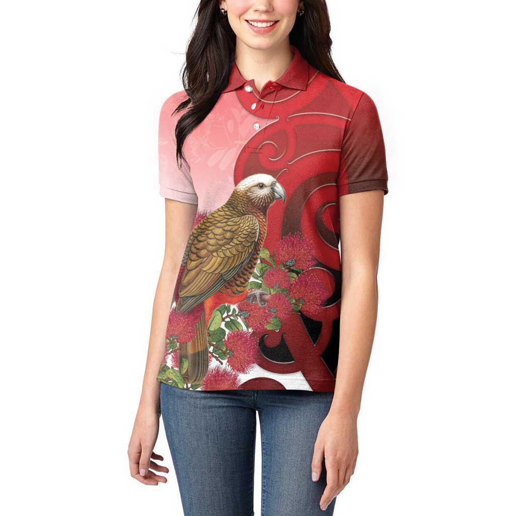 New Zealand Parrot Kaka Women Polo Shirt Maori Koru With Pohutukawa Flowers - Aussie Hoodie