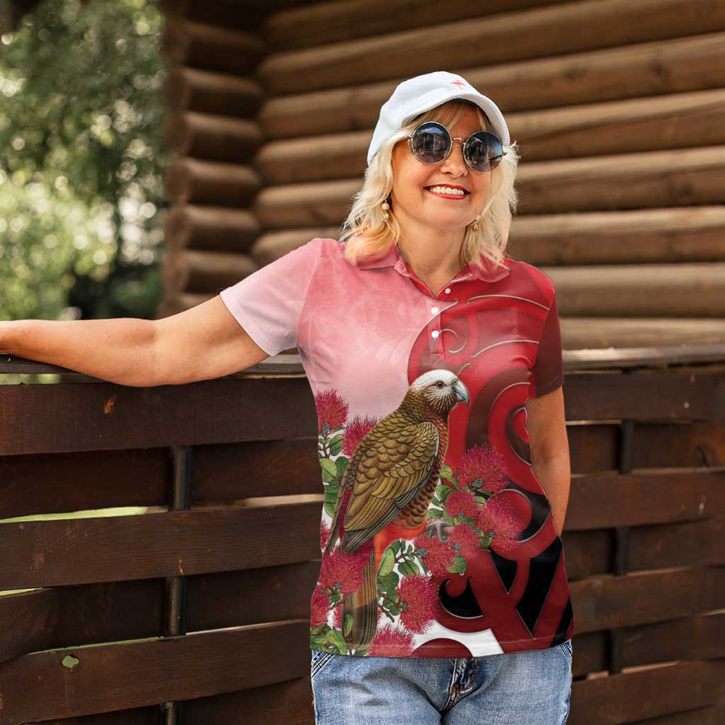 New Zealand Parrot Kaka Women Polo Shirt Maori Koru With Pohutukawa Flowers - Aussie Hoodie