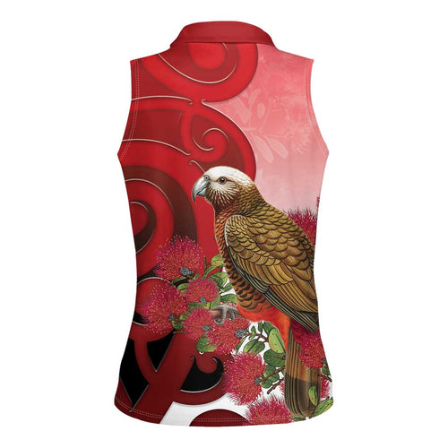 New Zealand Parrot Kaka Women Sleeveless Polo Shirt Maori Koru With Pohutukawa Flowers - Aussie Hoodie