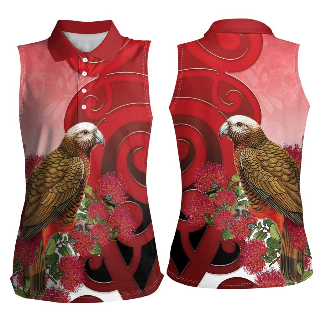 New Zealand Parrot Kaka Women Sleeveless Polo Shirt Maori Koru With Pohutukawa Flowers - Aussie Hoodie