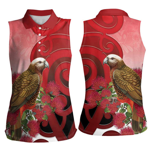 New Zealand Parrot Kaka Women Sleeveless Polo Shirt Maori Koru With Pohutukawa Flowers - Aussie Hoodie