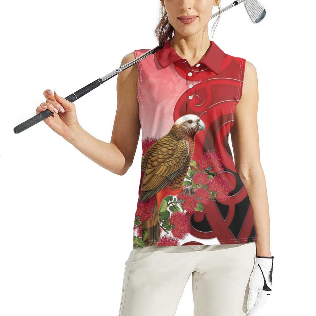 New Zealand Parrot Kaka Women Sleeveless Polo Shirt Maori Koru With Pohutukawa Flowers - Aussie Hoodie