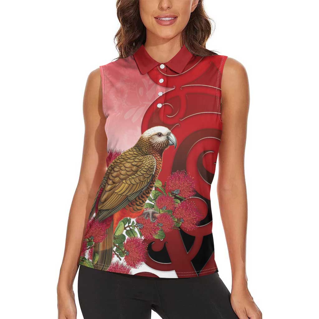 New Zealand Parrot Kaka Women Sleeveless Polo Shirt Maori Koru With Pohutukawa Flowers - Aussie Hoodie