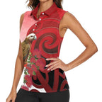 New Zealand Parrot Kaka Women Sleeveless Polo Shirt Maori Koru With Pohutukawa Flowers - Aussie Hoodie