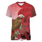 New Zealand Parrot Kaka Women V-Neck T-Shirt Maori Koru With Pohutukawa Flowers - Aussie Hoodie
