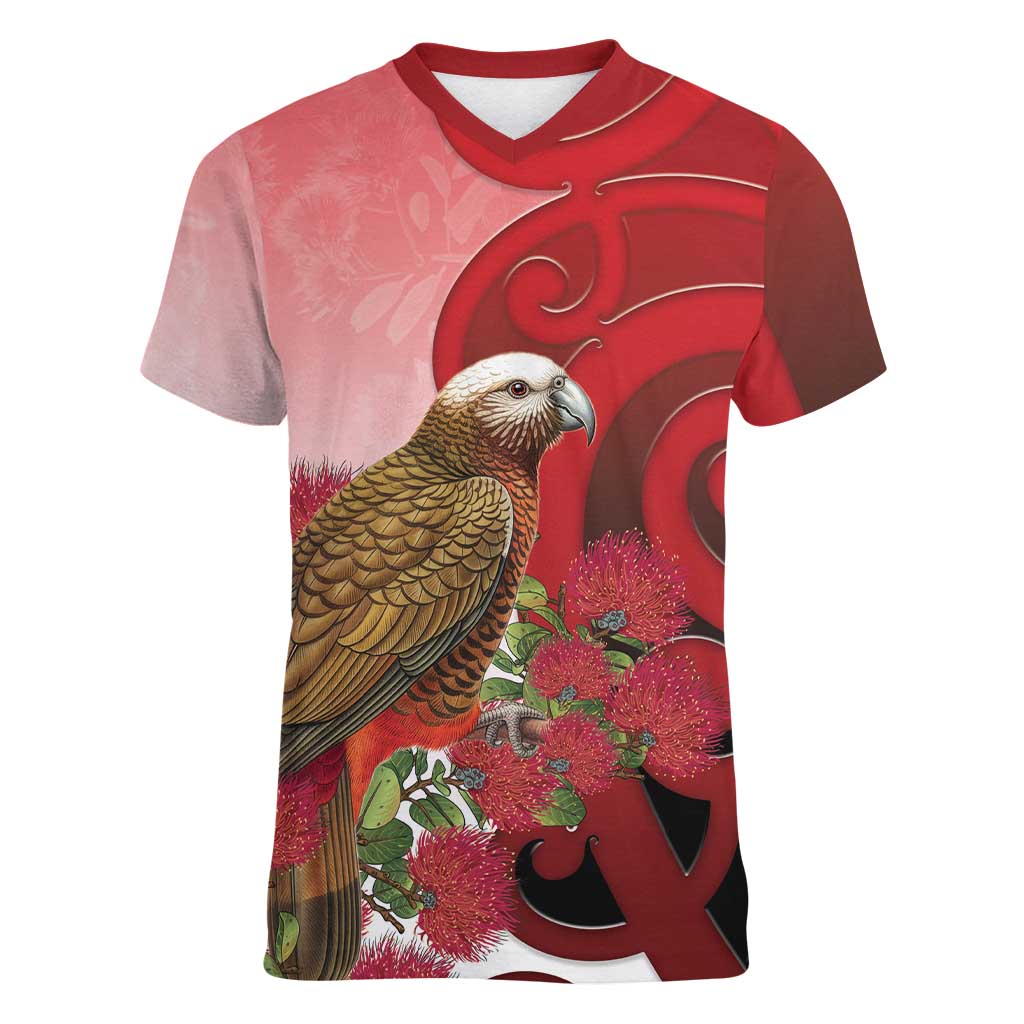 New Zealand Parrot Kaka Women V-Neck T-Shirt Maori Koru With Pohutukawa Flowers - Aussie Hoodie