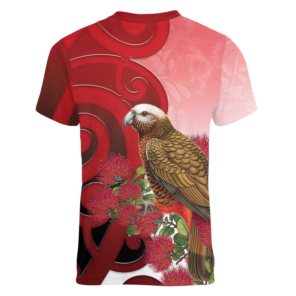 New Zealand Parrot Kaka Women V-Neck T-Shirt Maori Koru With Pohutukawa Flowers - Aussie Hoodie