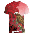 New Zealand Parrot Kaka Women V-Neck T-Shirt Maori Koru With Pohutukawa Flowers - Aussie Hoodie